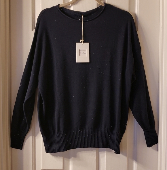NEW! Italian Imported Starry Night Navy Knit Sequined Sweater - Picture 1 of 3